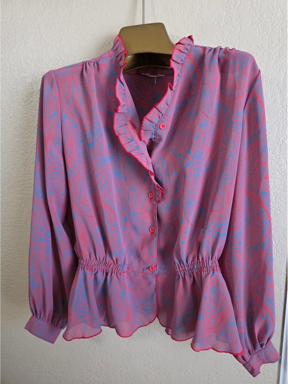 Vintage 70's Pearly Pink and Blue Sheer Paisley Blouse Cinched Waist, Size Small